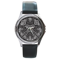 Mariager, Bold Flower Design, Black & White Round Metal Watch by Zandiepants