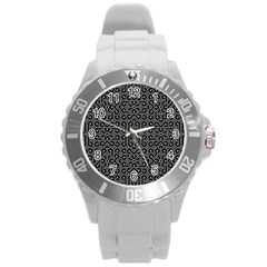 Black And White Ethnic Sharp Geometric  Round Plastic Sport Watch (l) by dflcprints