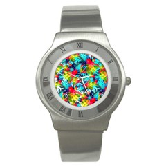 Watercolor Tropical Leaves Pattern Stainless Steel Watch by TastefulDesigns