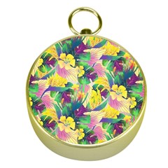 Tropical Flowers And Leaves Background Gold Compasses