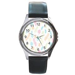 Whimsical Feather Pattern,fresh Colors, Round Metal Watch