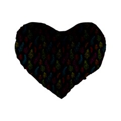 Whimsical Feather Pattern, Bright Pink Red Blue Green Yellow, Standard 16  Premium Flano Heart Shape Cushion  by Zandiepants