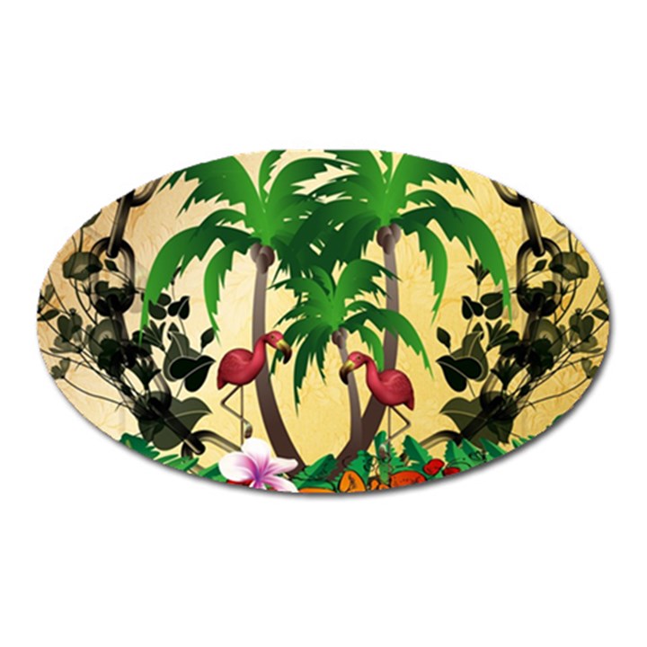 Tropical Design With Flamingo And Palm Tree Oval Magnet