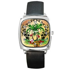 Tropical Design With Flamingo And Palm Tree Square Metal Watch by FantasyWorld7