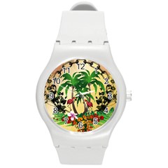 Tropical Design With Flamingo And Palm Tree Round Plastic Sport Watch (m) by FantasyWorld7