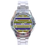 Olive Green Blue Stripes Pattern Stainless Steel Analogue Watch Front