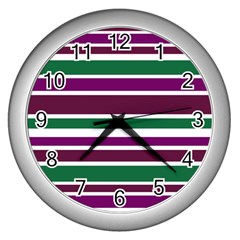 Purple Green Stripes Wall Clocks (silver)  by BrightVibesDesign
