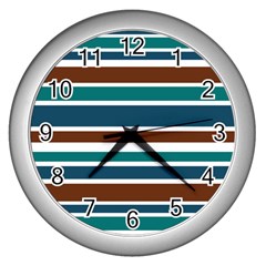 Teal Brown Stripes Wall Clocks (silver)  by BrightVibesDesign