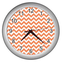 Tangerine Orange & White Zigzag Pattern Wall Clock (silver) by Zandiepants