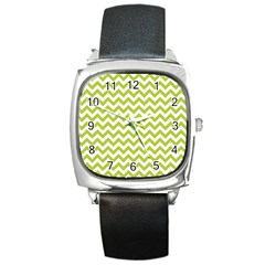 Spring Green & White Zigzag Pattern One Piece Boyleg Swimsuit Square Metal Watch