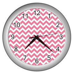 Soft Pink & White Zigzag Pattern Wall Clock (silver) by Zandiepants