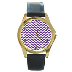 Royal Purple & White Zigzag Pattern Round Gold Metal Watch by Zandiepants