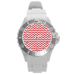 Poppy Red & White Zigzag Pattern Round Plastic Sport Watch (l)