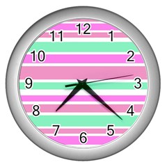 Pink Green Stripes Wall Clocks (silver)  by BrightVibesDesign