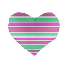 Pink Green Stripes Standard 16  Premium Flano Heart Shape Cushions by BrightVibesDesign