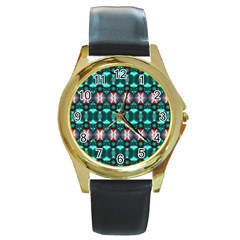 Fancy Teal Red Pattern Round Gold Metal Watch by BrightVibesDesign