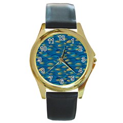 Blue Waves Round Gold Metal Watch by FunkyPatterns