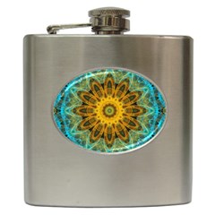 Blue Yellow Ocean Star Flower Mandala Hip Flask (6 Oz) by Zandiepants