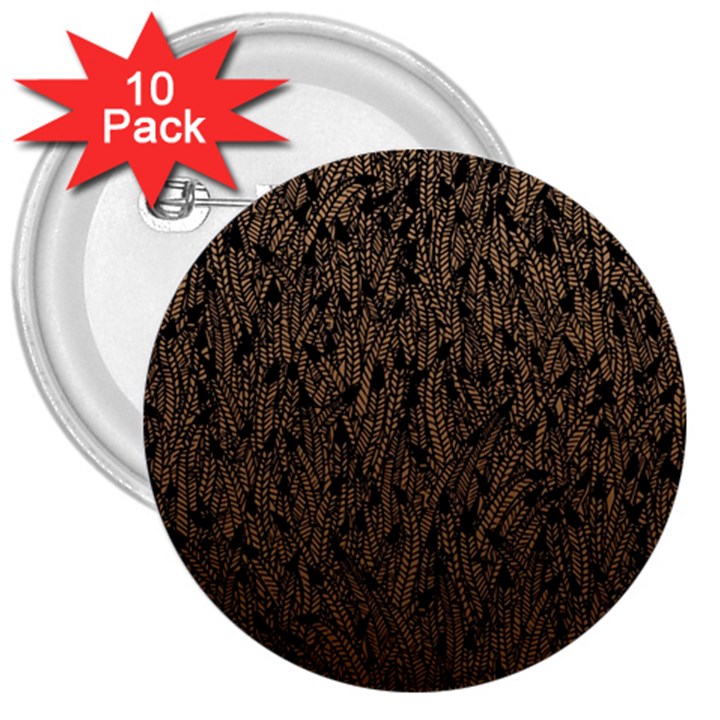 Brown Ombre feather pattern, black, 3  Button (10 pack)