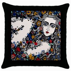 Flower Woman Square Black Throw Pillow Case by DryInk