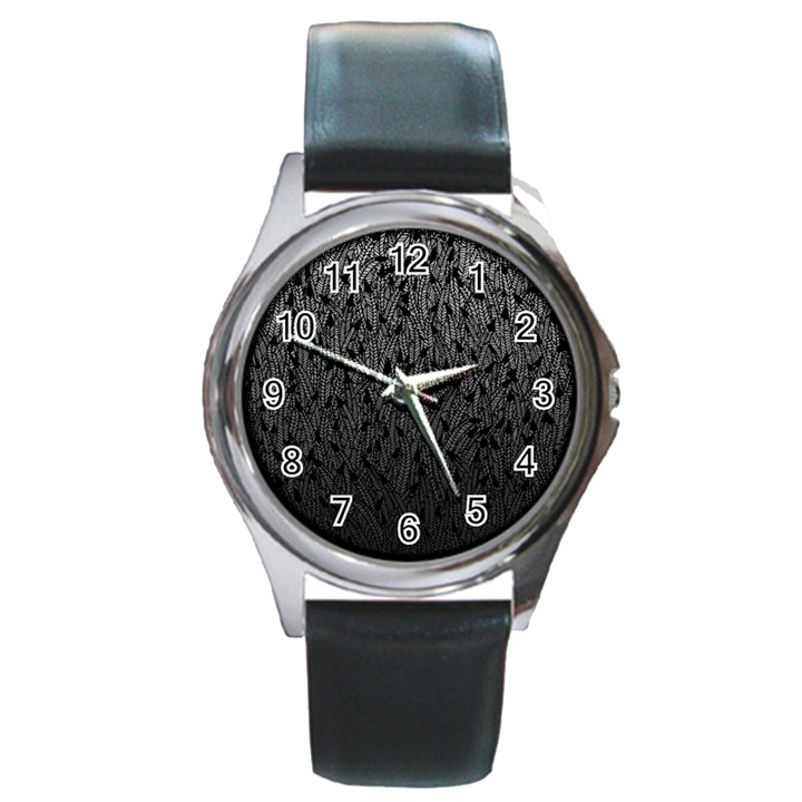 Grey Ombre feather pattern, black, Round Metal Watch