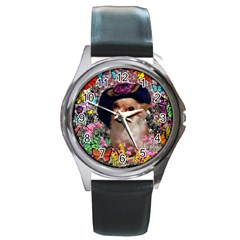 Chi Chi In Butterflies, Chihuahua Dog In Cute Hat Round Metal Watch by DianeClancy