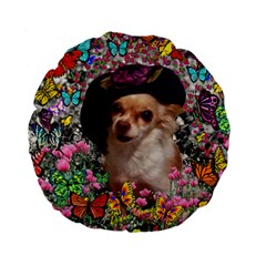 Chi Chi In Butterflies, Chihuahua Dog In Cute Hat Standard 15  Premium Flano Round Cushions by DianeClancy
