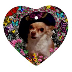 Chi Chi In Butterflies, Chihuahua Dog In Cute Hat Ornament (heart)  by DianeClancy