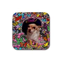 Chi Chi In Butterflies, Chihuahua Dog In Cute Hat Rubber Coaster (square)  by DianeClancy