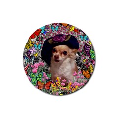 Chi Chi In Butterflies, Chihuahua Dog In Cute Hat Rubber Round Coaster (4 Pack)  by DianeClancy
