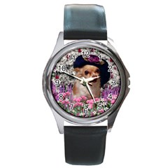 Chi Chi In Flowers, Chihuahua Puppy In Cute Hat Round Metal Watch by DianeClancy