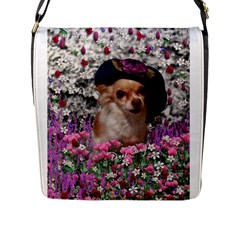 Chi Chi In Flowers, Chihuahua Puppy In Cute Hat Flap Messenger Bag (l)  by DianeClancy