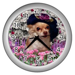 Chi Chi In Flowers, Chihuahua Puppy In Cute Hat Wall Clocks (silver)  by DianeClancy