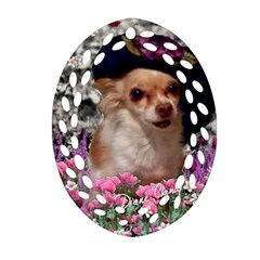 Chi Chi In Flowers, Chihuahua Puppy In Cute Hat Ornament (oval Filigree)  by DianeClancy