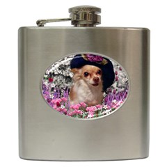 Chi Chi In Flowers, Chihuahua Puppy In Cute Hat Hip Flask (6 Oz) by DianeClancy