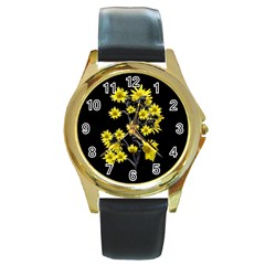 Sunflowers Over Black Round Gold Metal Watch by dflcprints