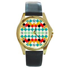 Rhombus Pattern                                                              			round Gold Metal Watch by LalyLauraFLM