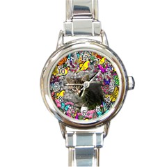 Emma In Butterflies I, Gray Tabby Kitten Round Italian Charm Watch by DianeClancy