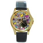 Emma In Butterflies I, Gray Tabby Kitten Round Gold Metal Watch Front