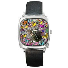 Emma In Butterflies I, Gray Tabby Kitten Square Metal Watch by DianeClancy