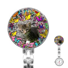 Emma In Butterflies I, Gray Tabby Kitten Stainless Steel Nurses Watch by DianeClancy