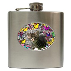 Emma In Butterflies I, Gray Tabby Kitten Hip Flask (6 Oz) by DianeClancy