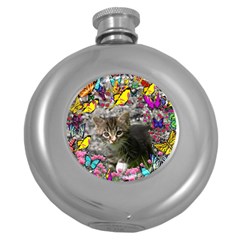 Emma In Butterflies I, Gray Tabby Kitten Round Hip Flask (5 Oz) by DianeClancy