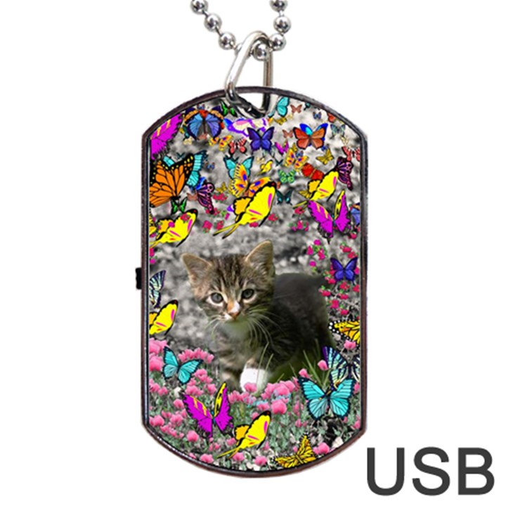 Emma In Butterflies I, Gray Tabby Kitten Dog Tag USB Flash (Two Sides) 