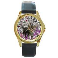 Emma In Flowers I, Little Gray Tabby Kitty Cat Round Gold Metal Watch by DianeClancy