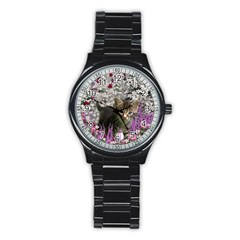 Emma In Flowers I, Little Gray Tabby Kitty Cat Stainless Steel Round Watch by DianeClancy