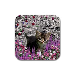 Emma In Flowers I, Little Gray Tabby Kitty Cat Rubber Square Coaster (4 Pack)  by DianeClancy