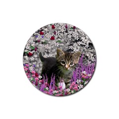 Emma In Flowers I, Little Gray Tabby Kitty Cat Rubber Coaster (round)  by DianeClancy