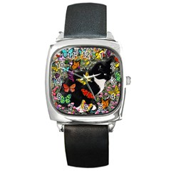 Freckles In Butterflies I, Black White Tux Cat Square Metal Watch by DianeClancy