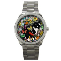 Freckles In Butterflies I, Black White Tux Cat Sport Metal Watch by DianeClancy